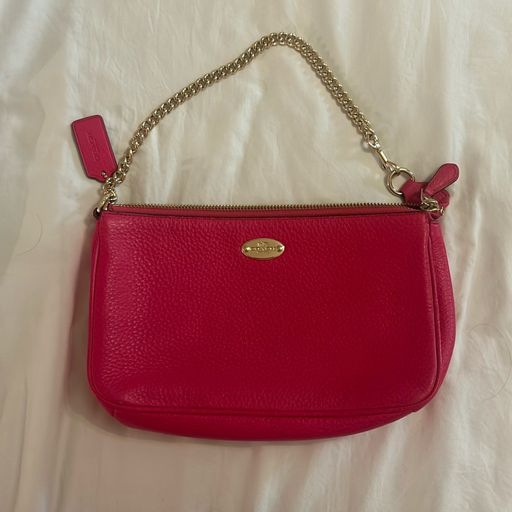 Coach Nolita Wristlet, Pebble Leather, in Pink Ruby with Gold Hardware